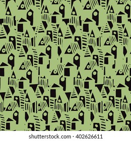 Vector seamless pattern with hand drawn stripped buildings