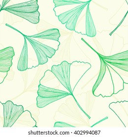 Vector seamless pattern with hand drawn ginkgo leaves. There is background in green colors. Good for textile, wrapping paper, wallpaper, web and print materials.