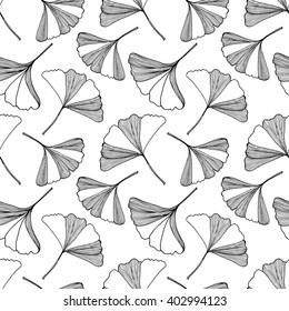 Vector seamless pattern with hand drawn ginkgo leaves. There is background in black and white colors. Good for textile, wrapping paper, wallpaper, web and print materials.