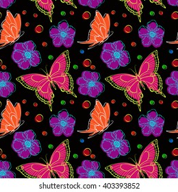 Vector seamless pattern with hand drawn flowers and butterflies. Multicolored.