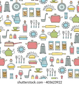 Vector seamless pattern with hand drawn colored kitchen utensils.  Pattern on the theme of cooking food. Background for use in design, packing, web site, fabric