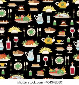 Vector seamless pattern with hand drawn colored symbols of breakfast, lunch or dinner on black color.  Pattern on the theme of  food. Background for use in design, web site