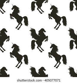 Vector seamless pattern with hand drawn silhouettes Pegasus and Unicorn. In black and white colors.