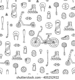Vector seamless pattern with hand drawn sport equipment on white color.  Pattern on the theme of sport, healthy lifestyle.  Background for use in design, packing, web site, fabric