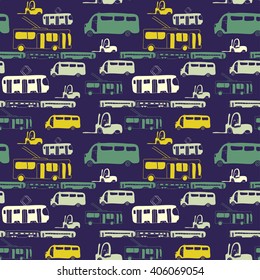 Vector seamless pattern with hand drawn cars. Bus, train, trolleybus, tram. Cartoon colored transport design for  brochures, posters, greeting cards, flyers.