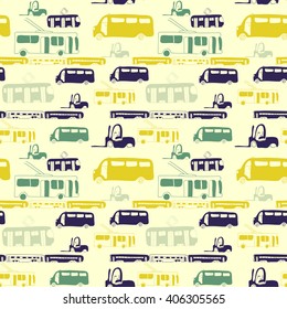 Vector seamless pattern with hand drawn cars. Bus, train, trolleybus, tram. Cartoon colored transport design for  brochures, posters, greeting cards, flyers.