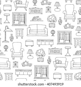 Vector seamless pattern with hand drawn furniture on white color.  Pattern on the theme of home decoration, interior.  Background for use in design, packing, web site, fabric