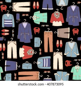 Vector seamless pattern with hand drawn colored clothing for men on black color.  Pattern on the theme of  fashion. Background for use in design, packing, web site, fabric