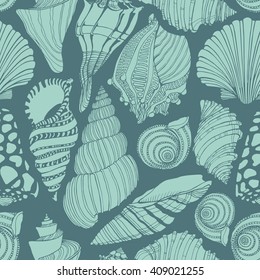 Vector seamless pattern with hand drawn seashells. Beautiful marine design elements, perfect for prints and patterns