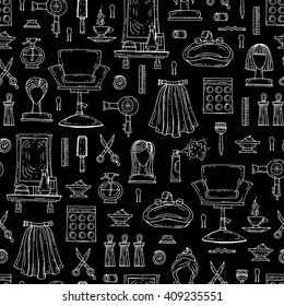 Vector seamless pattern with hand drawn fashion and beauty symbols on black color.  Pattern on the theme of hair salon.  Background for use in design, packing, web site, fabric