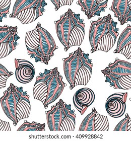 Vector seamless pattern with hand drawn seashells. Beautiful marine design elements, perfect for prints and patterns