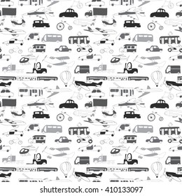Vector seamless pattern with hand drawn transport. Cartoon black and white collection design for brochures, posters, greeting cards, flyers, invitation. Children design.