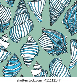 Vector seamless pattern with hand drawn seashells. Beautiful marine design elements, perfect for prints and patterns