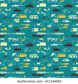 Vector seamless pattern with hand drawn transport. Cartoon colored collection design for brochures, posters, greeting cards, flyers, invitation. Children design.