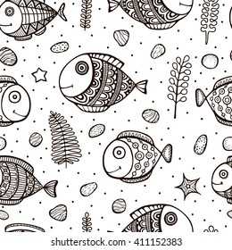 Vector seamless pattern with hand drawn fish with ornament. Background with sea elements -  stones, plants. Coloring page for adult and kids.