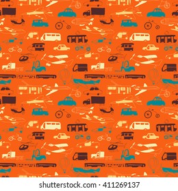 Vector seamless pattern with hand drawn transport. Cartoon colored collection design for brochures, posters, greeting cards, flyers, invitation. Children design.