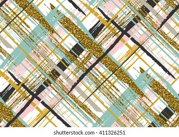 Vector seamless pattern with hand drawn gold glitter textured brush strokes and stripes hand painted. Black, gold, pink, green, beige colors.