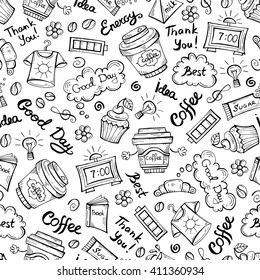 Vector seamless pattern with hand drawn symbols of coffee on white color.  Pattern on the theme of drink, good day.  Background for use in design, packing, web site, fabric
