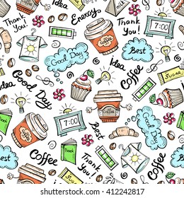 Vector seamless pattern with hand drawn colored symbols of coffee.  Pattern on the theme of drink, good day.  Background for use in design, packing, web site, fabric
