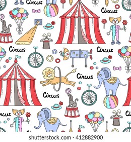 Vector seamless pattern with hand drawn colored symbols of circus.  Pattern on the theme of performance.  Background for use in design, packing, web site, fabric