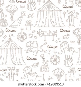 Vector seamless pattern with hand drawn isolated symbols of circus on white color.  Pattern on the theme of performance.  Background for use in design, packing, web site, fabric