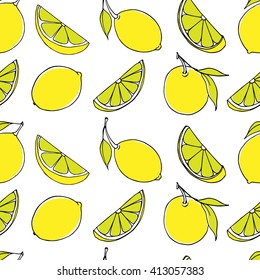 Vector seamless pattern with hand drawn lemon fruits and slices. Beautiful design elements, perfect for prints and patterns.