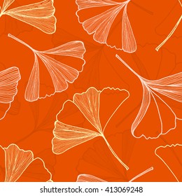 Vector seamless pattern with hand drawn ginkgo leaves. Background in orange and yellow.