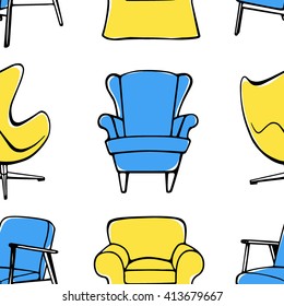 Vector seamless pattern with hand drawn chairs. Beautiful interior design elements, perfect for prints and patterns.