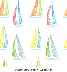 Vector seamless pattern with hand drawn sailing ships. Hand drawn with chalk sailing boats. Beautiful design elements, perfect for nursery.