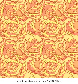 Vector seamless pattern with hand drawn roses. In orange and yellow colors.