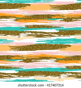 Vector seamless pattern with hand drawn gold glitter textured horizontal brush strokes and stripes hand painted. White, gold, pink, green, orange colors. 