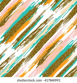 Vector seamless pattern with hand drawn gold glitter textured diagonal brush strokes and stripes hand painted. White, gold, pink, green, orange colors. Summer autumn fashion collection.