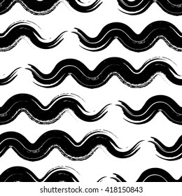 Vector seamless pattern with hand drawn waves.  Abstract waves in black and white  color. Vector endless texture on isolated white background.