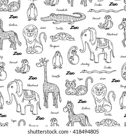 Vector seamless pattern with hand drawn animals on white color.  Pattern on the theme of zoo.  Background for use in design, packing, web site, fabric