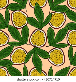 Vector Seamless Pattern With Hand Drawn Passionfruit