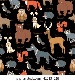 Vector seamless pattern with hand drawn colored forest animals on black.