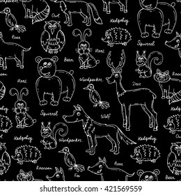 Vector seamless pattern with hand drawn forest animals on black background.  Pattern on the theme of wildlife, nature.  Background for use in design, packing, web site, fabric