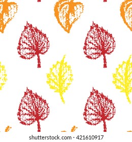 Vector seamless pattern with hand drawn colorful leaves on white background. Beautiful floral illustration made with chalk on textured paper.