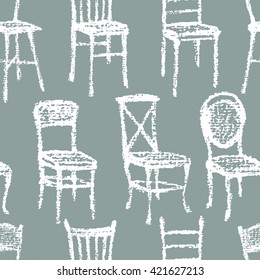 Vector seamless pattern with hand drawn chairs. Beautiful interior design elements, perfect for prints and patterns. Textured drawing made with chalk.