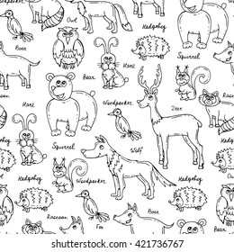 Vector seamless pattern with hand drawn forest animals on white background.  Pattern on the theme of wildlife, nature.  Background for use in design, packing, web site, fabric