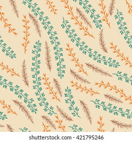 Vector seamless pattern with hand drawn floral elements. In green, orange and brown colors.