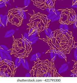 Vector seamless pattern with hand drawn roses. In yellow and purple colors.