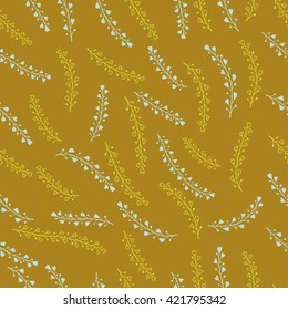 Vector seamless pattern with hand drawn floral elements. In yellow, light blue and brown colors.