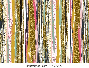 Vector seamless pattern with hand drawn gold glitter textured brush strokes and stripes hand painted. Black, gold, pink, green, brown colors.