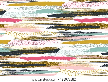 Vector seamless pattern with hand drawn gold glitter textured brush strokes and stripes hand painted. Black, gold, pink, green, brown colors.