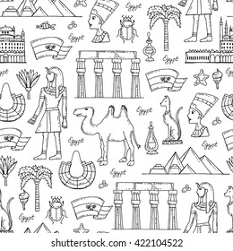 Vector seamless pattern with hand drawn symbols of Egypt on white color.  Pattern on the theme of travel and tourism.  Background for use in design, packing, web site, fabric