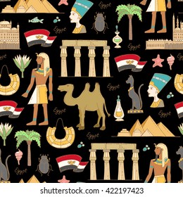 Vector seamless pattern with hand drawn colored symbols of Egypt on black color.  Pattern on the theme of travel and tourism.  Background for use in design, packing, web site, fabric