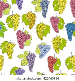 Vector seamless pattern with hand drawn wine grapes with leaves. Beautiful design elements, perfect for prints and patterns.