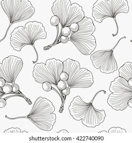 Vector seamless pattern with hand drawn leaves and branch of ginkgo biloba. 