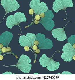 Vector seamless pattern with hand drawn leaves and branch of ginkgo biloba. 